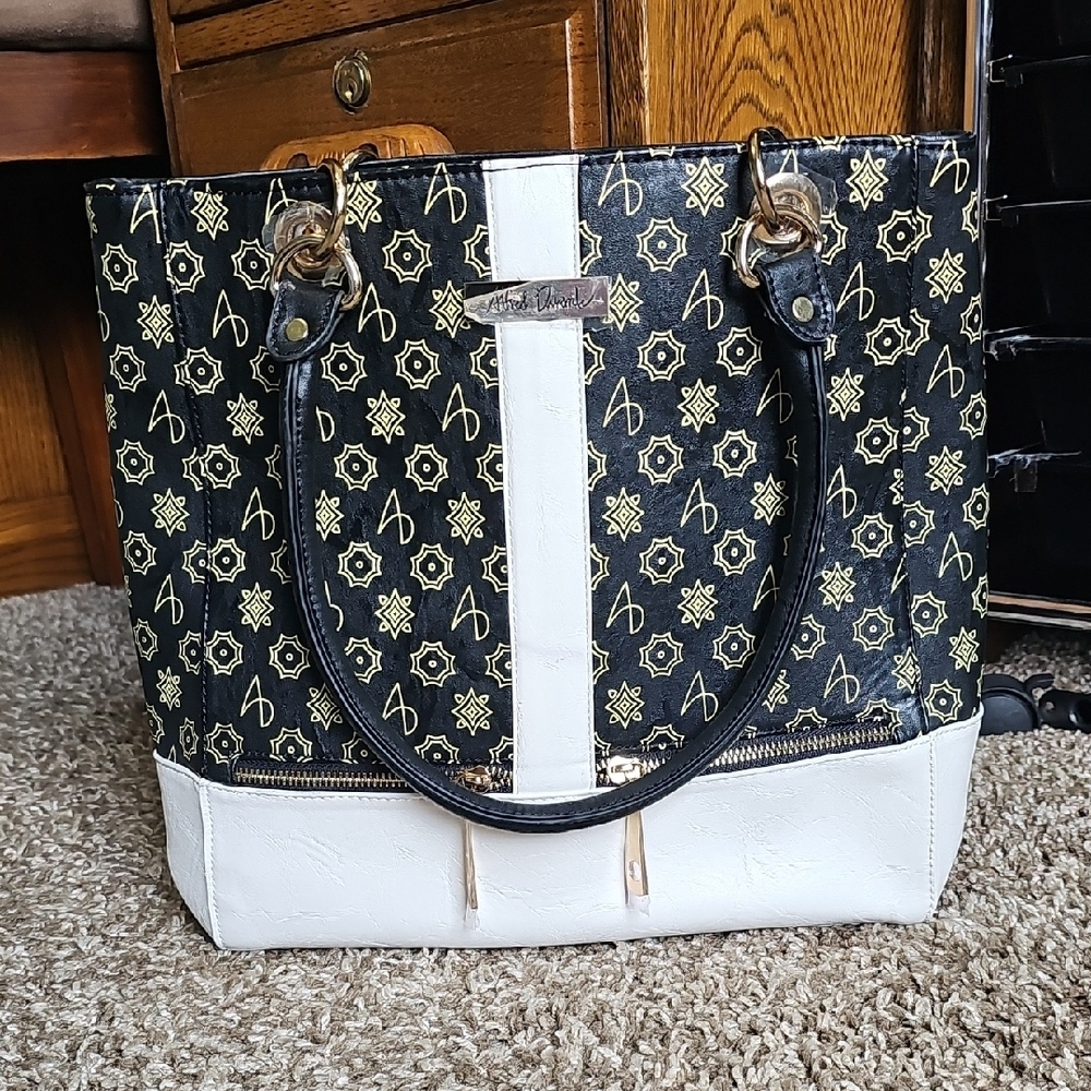 NWOT Alfred Durante Signature Black & White Designer Tote Bag With Gold Zippers